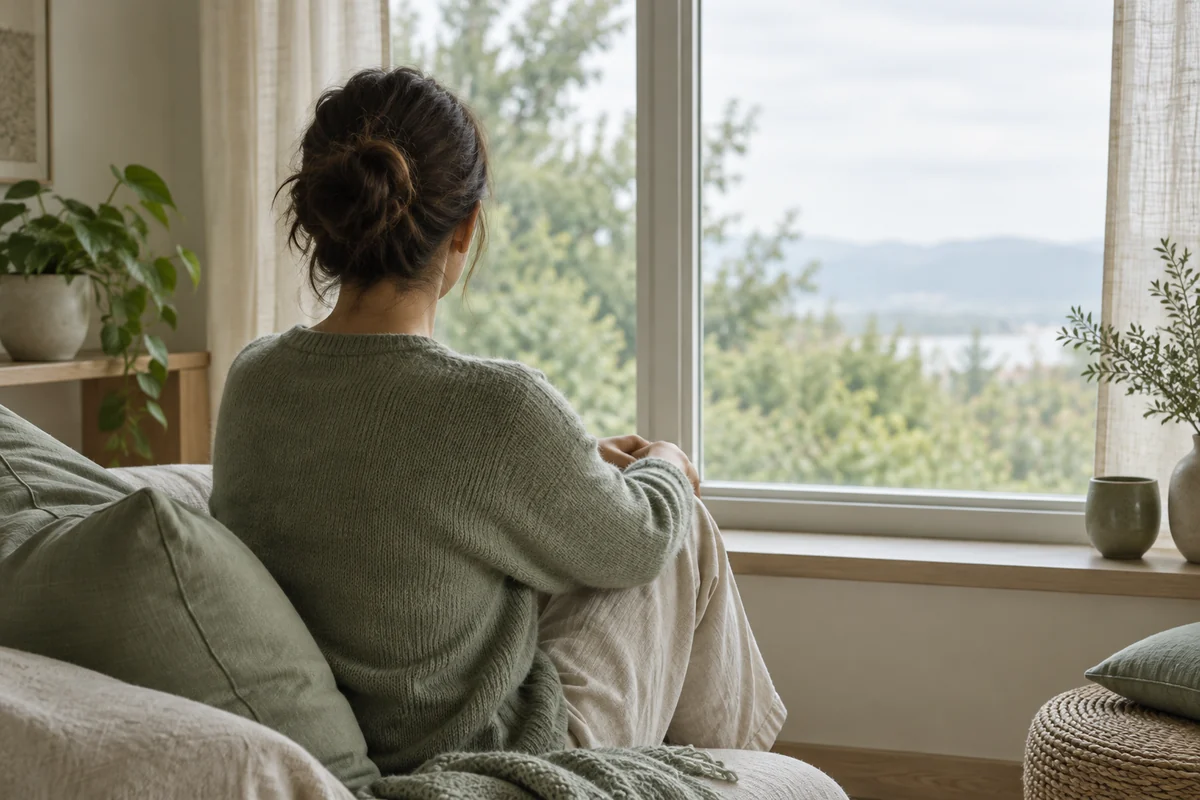 Vue de dos, une personne assise près d’une fenêtre pose les mains sur ses genoux dans une pause calme.
