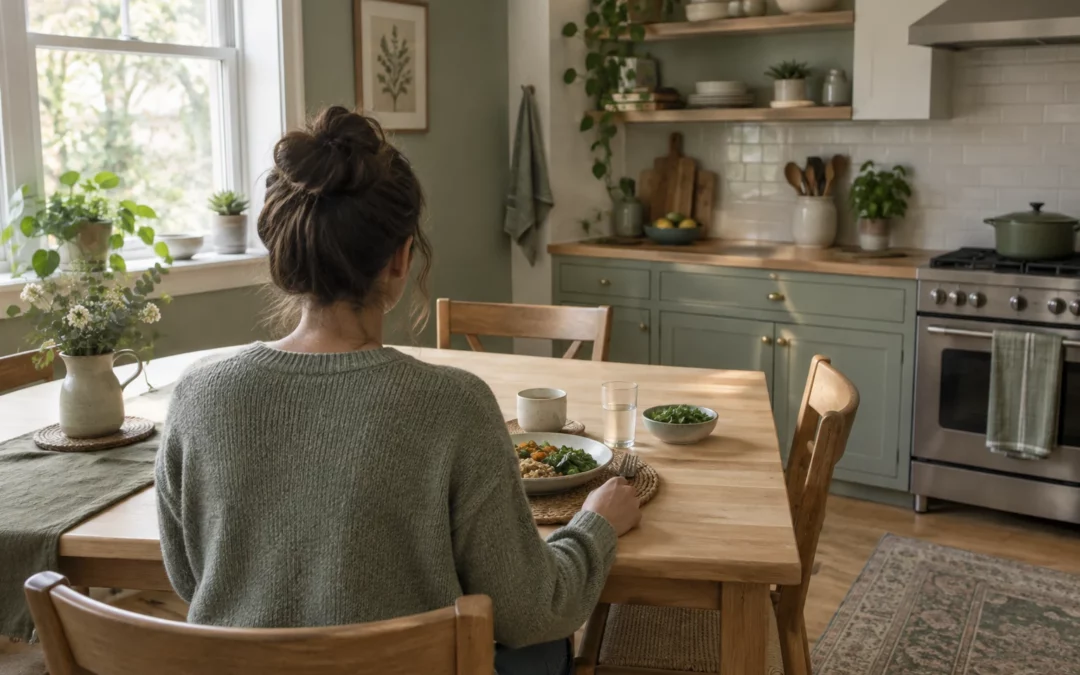 Une personne vue de dos s’accorde une pause à table, dans une cuisine baignée de lumière naturelle.