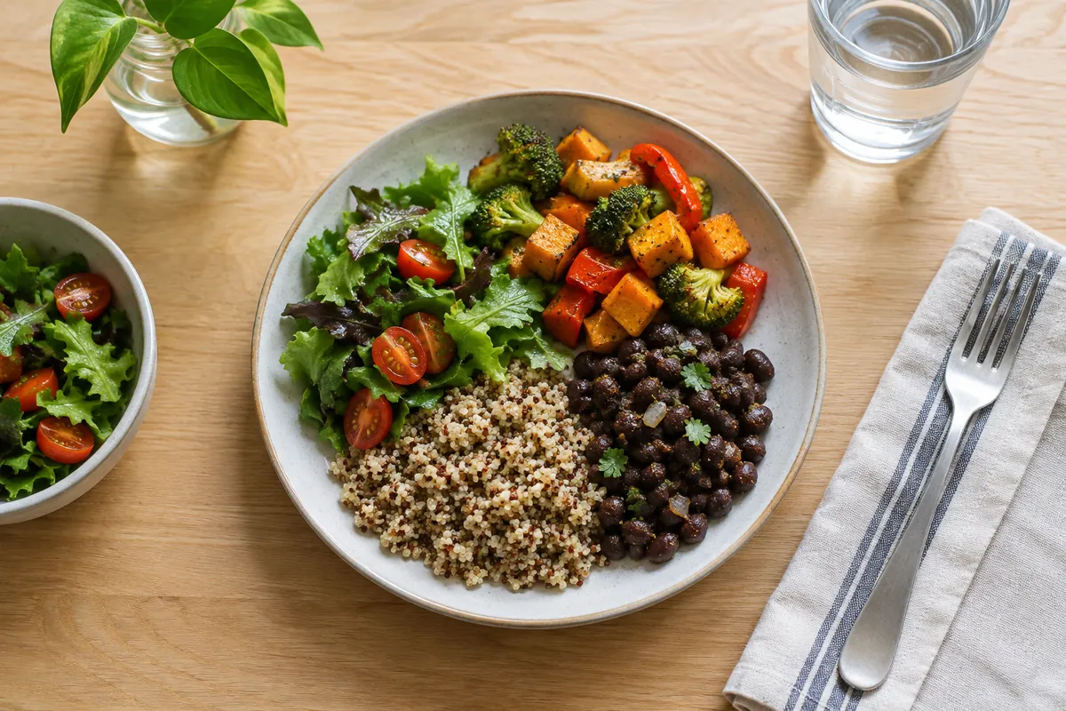 Un plat maison de légumes, céréales et légumineuses est posé sur une table en bois clair.