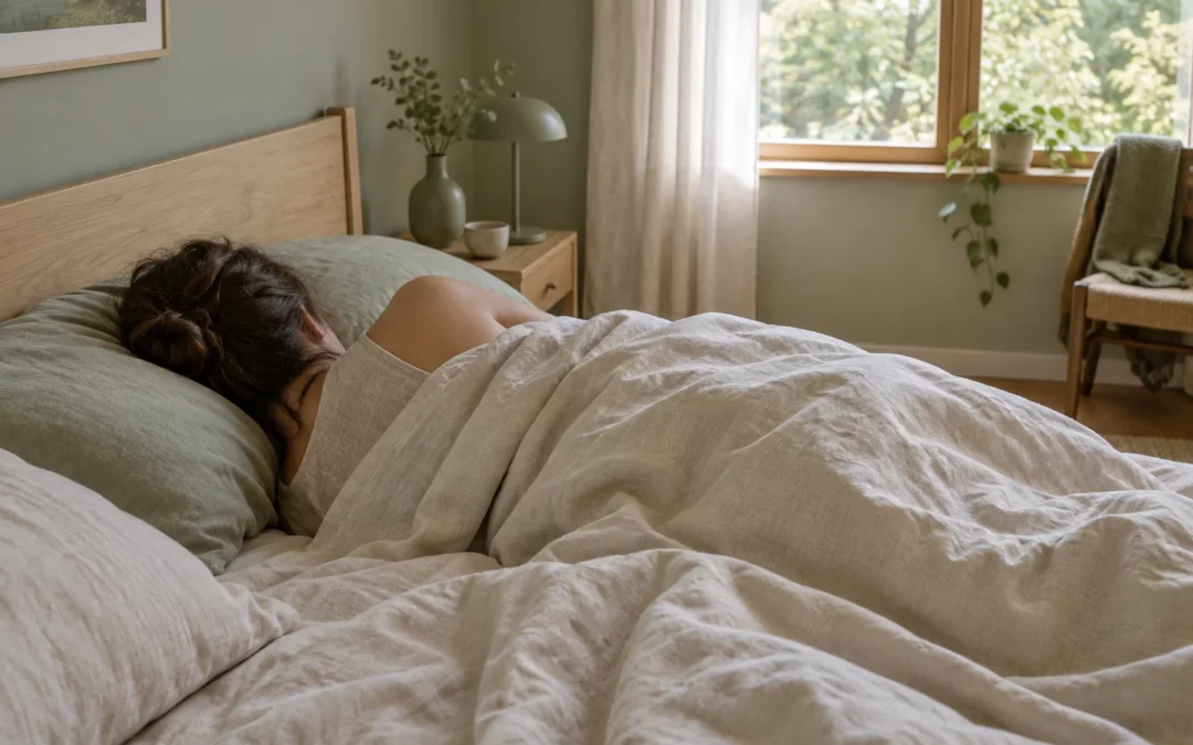 Une personne dort sur le côté dans un lit aux draps de lin, baignée par la douce lumière du matin.